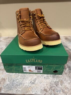Eastland Tan Brown Leather Moc Toe Work Boots with Cream Outsole